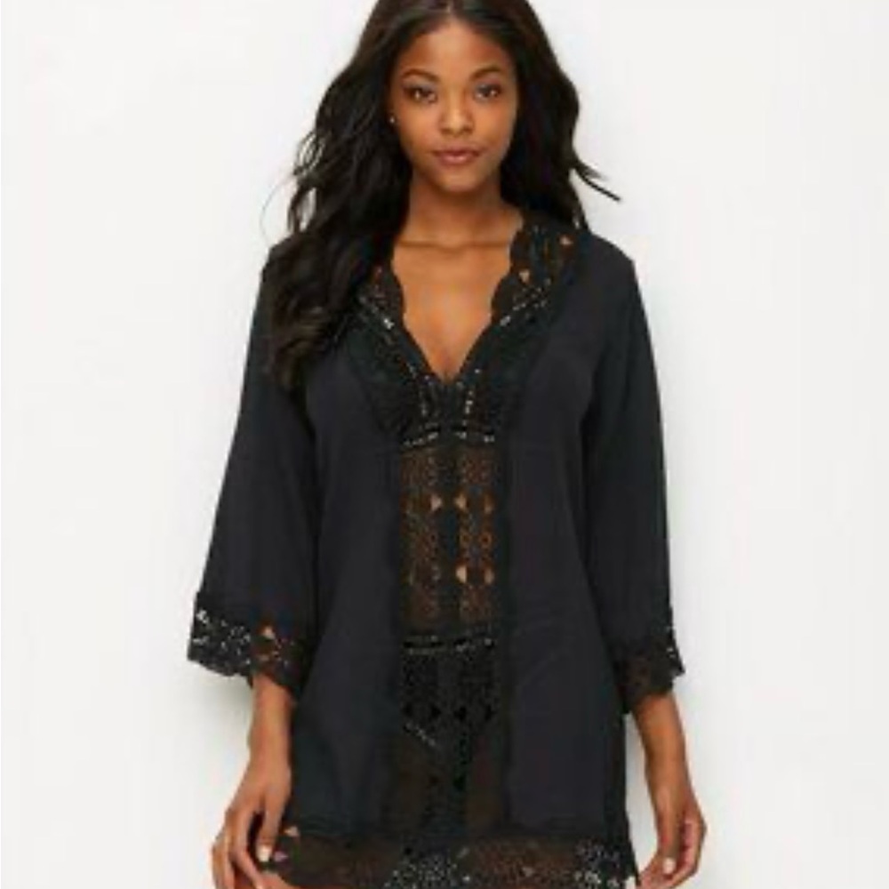 La Blanca V Neck Black Crochet Swim‎ Cover